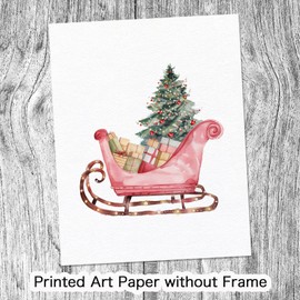 Christmas Sleigh Print Watercolor Santa's Sleigh Wall Art Pink Sleigh Christmas Decorations Vintage Holiday Decor Girl’s Room Holiday Decor (8x10 inch Print Unframed)