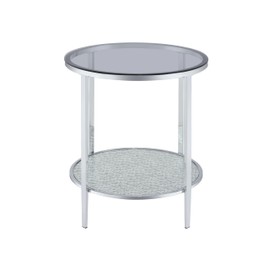 Steve Silver Co Frostine Round End Table, Smoky Glass Top, Patterned Mirror Shelf Chrome Base, Tempered Glass, Living Room, Bedroom Nightstand, Sofa Table, 21.5" D x 21.5" W x 24" H, Silver