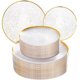 Licaere 60Pcs Clear Plastic Plates - Clear Disposable Plates With Gold Rim - Heavy-duty Gold Plates, Party Plates Include 30Clear Dessert-Platos,30Dinner-Platos for Wedding ＆ Party ＆ Summer