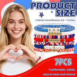 Red White Blue Friendship Bracelets Bulk, Trendy Heishi Clay Bead Bracelets for Women, Bohemian Stackable Gold Plated Beaded Stretch Bracelet, Elastic Layering Surfer Bracelet Set Boho Jewelry for Christmas Stocking Stuffers