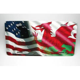DIGIART INTERNATIONAL WELSH, WALES AMERICAN FLAG WELSH DRAGON METAL CAR NOVELTY LICENSE PLATE AUTO TAG