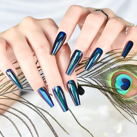 Blue Chrome Press On Nails Metallic Mirror Coffin Aurora Fake Nails Extra Long Ladies Nail Art Designs For Fingertips