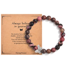 CERSLIMO Inspirational Gifts for Women Girls - Natural Bead Bracelet with Beautiful Butterfly Charm, Believe In Yourself Encouragement Gift for Daughter Granddaughter Niece Birthday Christmas, Rose