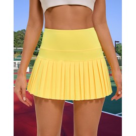 Yknktstc Women Tennis Skirt with Pocket Pleated Golf Skirt Workout Running Athletic Skort, Bright Yellow, Large