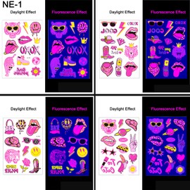 Jastli 4 Sheets Glow in The Dark Temporary Tattoos for Kids Adults Waterproof Neon UV Blacklight Body Face Flash Fake Tattoo Stickers Rave Party Supplies (Multicolor-3)