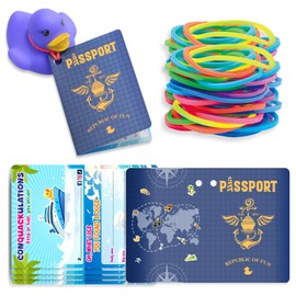 100Pcs Duck Tags - Passport Design, 50Pcs with Hole, 50Pcs Rubber Bands, Blue Passport 002