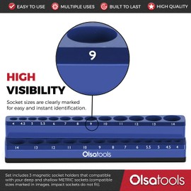 Olsa Tools Magnetic Socket Organizer | 3 Piece Socket Holder Kit | 1/2-inch, 3/8-inch, 1/4-inch Drive | Metric Blue | Holds 75 Sockets | Professional-Grade
