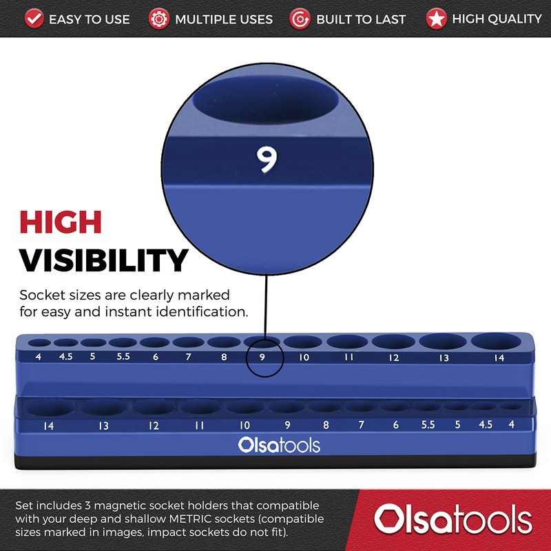 Olsa Tools Magnetic Socket Organizer | 3 Piece Socket Holder