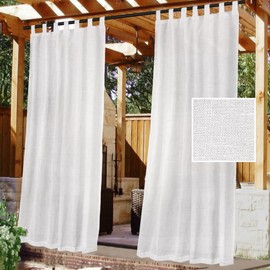 H.VERSAILTEX Outdoor Linen Sheer Curtains for Patio Waterproof - Outdoor Divider Privacy Added Light Filtering Porch Decor with Detachable Self-Stick Tab Top for Gazebo, White, 1 Piece, W52 x L108