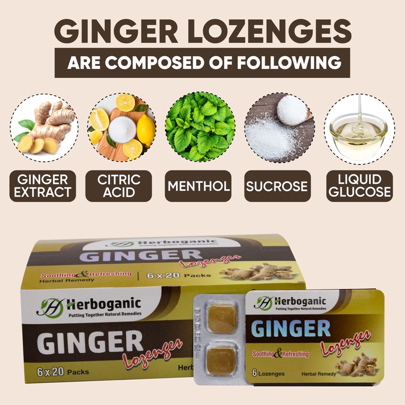HERBOGANIC Ginger Lozenges Leaf of 6, 20 Packs per Box