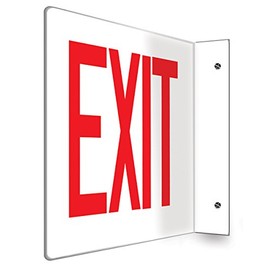 Accuform PSP221 Projection Sign 90D, "EXIT", 8" x 12" Panel, 0.10" Thick High-Impact Plastic, Pre-Drilled Mounting Holes, Red on White