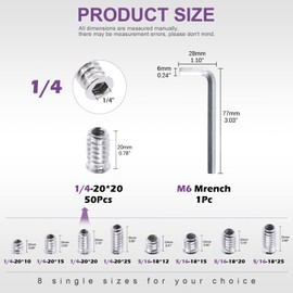 Swpeet 50Pcs 1/4" - 20 x 20mm White Zinc Plated Carbon Steel Carbon Furniture Screw in Nut Threaded Wood Inserts Threaded Inserts Bolt Fastener Connector Hex Socket (1/4" - 20 x 20mm)