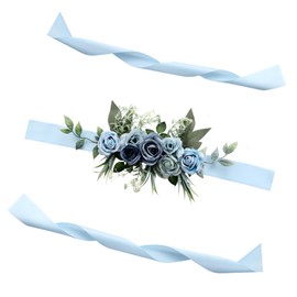 Cheerupp Dusty Blue Flower Belt Maternity Sash, Dusty Blue Handmade Flower Belly Belt for Wedding Baby Shower Gender Reveal Party Decorations Supplies Photo Props