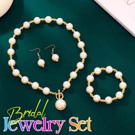 Zoestar Bridal Jewelry Set Pearl Necklace Earrings Baracelet Sets Dressy Formal Jewelry Set for Women (Gold)