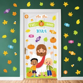 Motiskyy 68 Pcs Are You Fall-o-ween Jesus Door Decor Kit Classroom Bulletin Board Set Jesus with People in Autumn Pumpkin Leaf Candy Cutouts for Back to School Chalkboard Wall Thanksgiving Party Decor