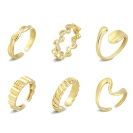 wgoud 6PCS Dome Chunky Gold Rings for Women, 14K Gold Plated Braided Twisted Stackable Signet Rings, Adjustable Open Ring Band Statement Jewelry Gift (6Pcs Gold Ring A)