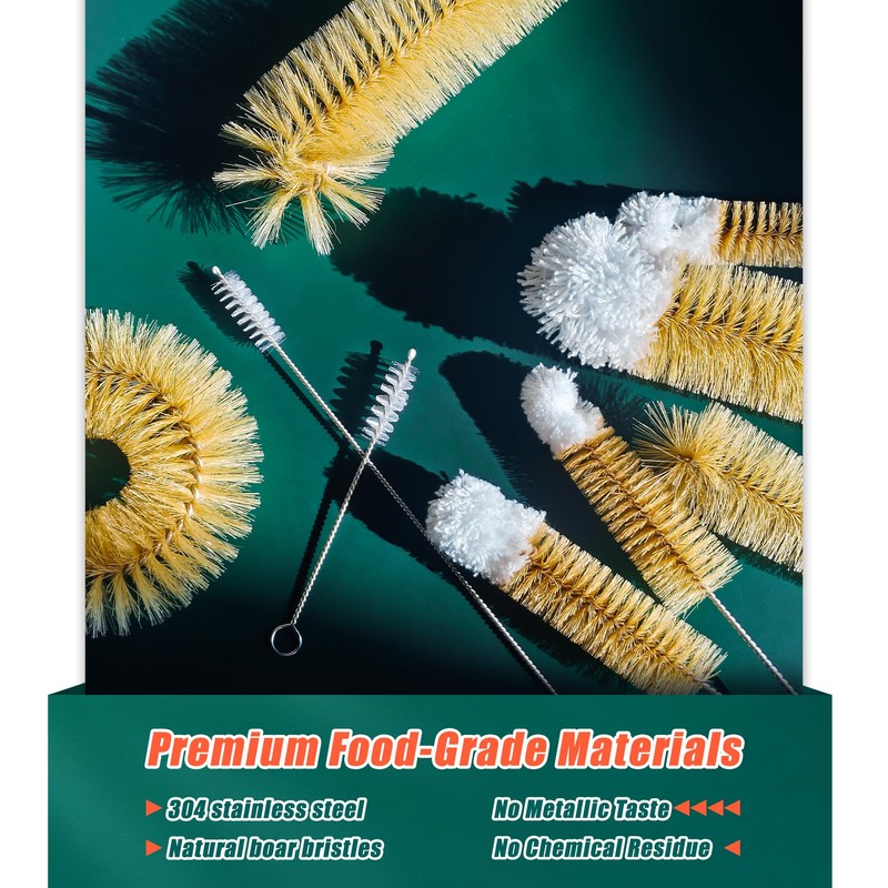 9-Pack Thin Long Handle Bottle Brushes with Boar Bristle &