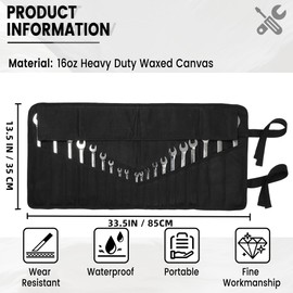Wrench Roll, Heavy Duty 16OZ Waxed Canvas Tool Roll, Multi-Purpose Small Hand Tools & Wrenches Organizer Holder with 24 Pockets (Black)