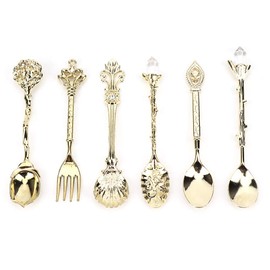 6Pcs/Set Vintage Carved Coffee Spoon Teaspoon Retro Zinc Alloy Dessert Coffee Tableware Spoons Cutlery Kitchen(Gold)