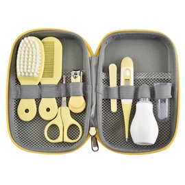 Baby Grooming Kit with Hair Brush Nail Clipper Nose Cleaner Finger Toothbrush Scissor Newborn Care for Boys Girls Yellow