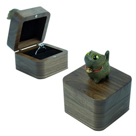 Tentogala Hand-Carved Cat Wooden Ring Box - Magnetic Closure Wedding & Engagement Jewelry Gift Box (Umber Cat)