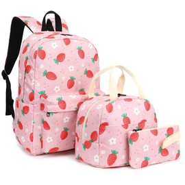 Xunteny Strawberry Girls School Backpack for Kids Teens, Elementary Middle School Backpacks Bookbag Set with Lunch Bag Pencil Case