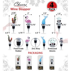 Cheers Mermaid Tail, Flamingo, Rooster, and Cow Glass Wine Stopper Set of 4 – Elegant Vacuum Seal Reusable Wine Bottle Stoppers – Airtight Leak Proof Bottle Topper Cork Plug and Bar Tool Accessory