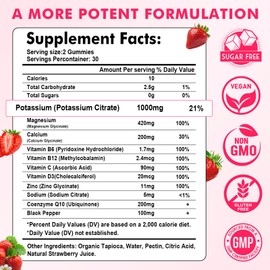 Potassium Magnesium Gummies, High Absorption Magnesium Potassium Supplement with Vitamin B6 for Leg Cramps & Muscle Health, Strawberry, 60 Count
