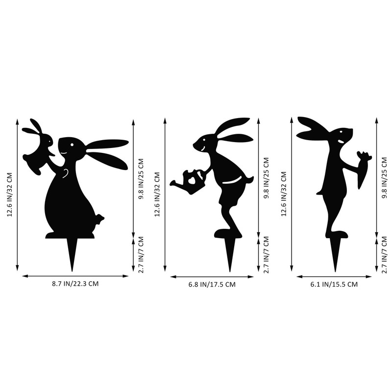 Set 3 Metal Rabbit Garden Stakes Bunny Front Yard Black