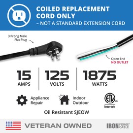 Iron Forge Cable 15 Amp Replacement Coiled Extension Cord 5 ft - SJEOW Oil Resistant & Flat Plug 3 Prong, 14 Gauge Coiled Cord for Outdoor & Indoor