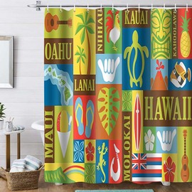 TPMDFC Hawaii Shower Curtain, Retro Hawaiian Exotic Tiki Bathroom Shower Curtains, Tropical Aloha Theme Bathroom Curtains Decor Set with 12 Hooks, 72x72inch YLOKTP0634