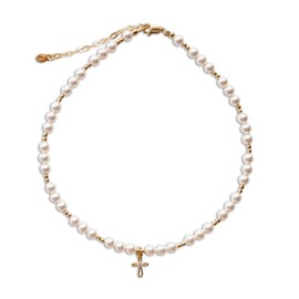 Cherished Moments Children's 14K Gold-Plated High-End Simulated Pearl Cross Necklace, Girls First Communion Gift, Special Occasion Flower Girl, Toddlers, Kids 12-14 inches