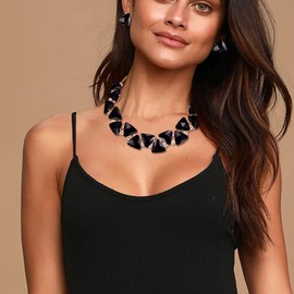 BriLove Art Deco Sparkly Ethnic Style Chunky Tribal Beaded Triangle Statement Necklace Earrings Set for Women Costume Jewelry Black Gold-Tone