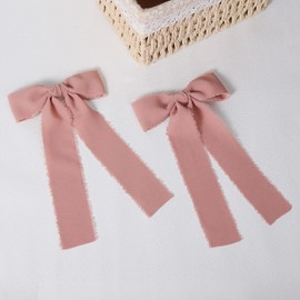 5.5" Chiffon Silk Ribbon Hair Bows with Long Tail Bean Paste Pink Handmade Frayed Fringe Cotton Lined Ribbon Bowknot Alligator Clips for Women Girls Summer Dress Decor Accessory