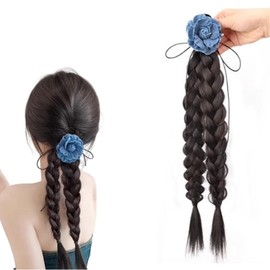 iRIIRIO 1pc Hair Braid Extension Ponytail with Jean Rose Flower Duel-Braid Black Hair Extension with Elastic Band for Girls (Black)
