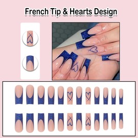 ANDGING French Tip Press on Nails Purple Square Ballet Medium Long Fake Nails on Nails with Hearts Design Acrylic Women False Nails with 24Pcs Gel Stick on Nail for Wedding Birthday KAA687L