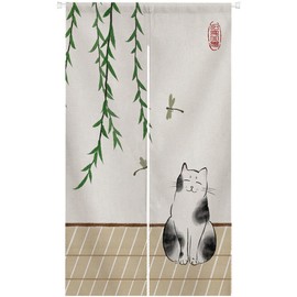 Ofat Home Japanese Wild Man Cat Hand-Painted Japanese Noren, Japanese Doorway Curtain, Short Wild Man 85x150cm Support Customized Services