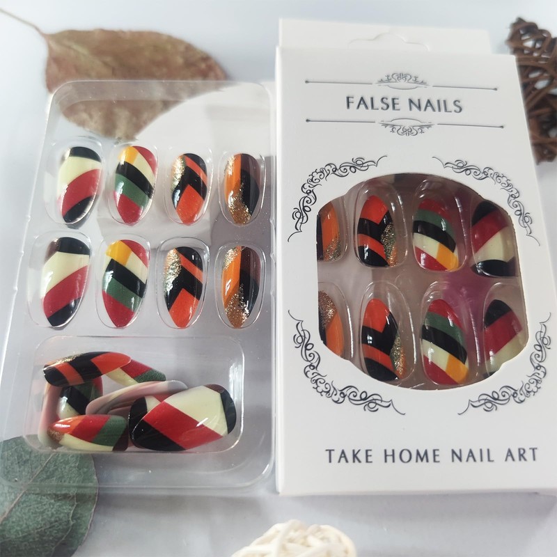 24Pcs Thanksgiving Medium Almond False Nails Autumn Press on Nails