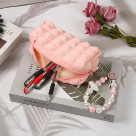 Beige Puff Pen Pouch with Cloud Bead Chain - Aesthetic Pencil Case, Pencil Case For Girls, Cute Pencil Case, Special Pencil Case, Preppy Pencil Case, Stationery Beige Pencil Case for School (PINK)