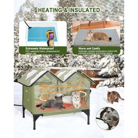 Heated Cat House for Outside, Large Elevated Waterproof Outdoor Cat House Weatherproof with Escape Doors and Heating Pad for Winter, Sturdy Insulated Outdoor Cat Shelter for Multiple Cats, Green