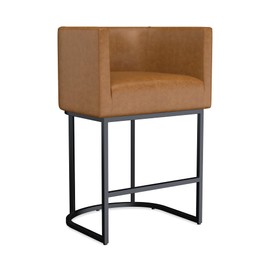 Erdoru 26.4" H Counter Height Bar Stool, Modern Barrel-Curved Counter Stool with Back and Arm, Faux Leather Upholstered Barstool with Metal Frame for Kitchen Island, Home Bar, Pub, Brown