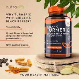 Organic Turmeric 1440mg (High Strength) with Black Pepper & Ginger - 180 Vegan Turmeric Capsules (3 Month Supply) – Organic Turmeric with Active Ingredient Curcumin - Made in The UK by Nutravita
