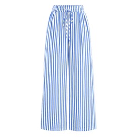 PRETTYGARDEN Womens Pants Elastic Waist Floral Lightweight Palazzo Pants for Women Casual Lounge Wide Leg Pants Woman (Striped Blue, Large)