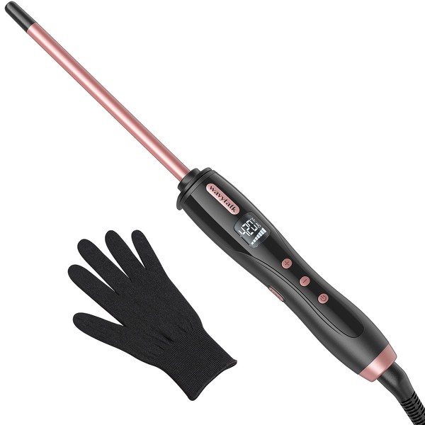 Wavytalk 3/8 Inch Small Curling Iron Wand for Short & Long Hair, Ceramic Small Barrel Curling Iron with Adjustable Temperature, Include Heat Resistant Glove (Rose Pink)
