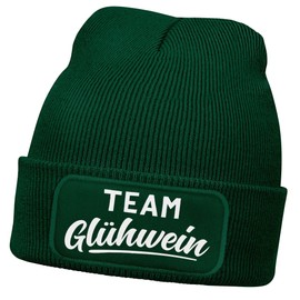 MoonWorks® Men's Beanie with Patch Knitted Hat with Saying Team Glühwein Print Funny Hat Men, Dark green, Unit size