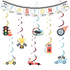 kreat4joy Fast One Birthday Decorations, Vintage Race Car 1st Birthday Decoration Fast One Banner Retro Pastel Racing Car Hanging Swirls Streamer for Boys Girls First Birthday Party