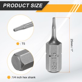 HARFINGTON 5pcs T5 Torx Screwdriver Bit 1/4" Hex Shank 25mm/1" Length S2 Steel Star 6 Point Head Hex Security Screw Driver Bits with Hole for Impact Electric Screw Driver Power Tools, Grey