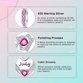 Birthstone Charms, July Charm Sterling Silver 925, Red Crystal Womens Dangle Bead for European Bracelets and Necklaces with 5A Cubic Zirconia, Birthday Mothers Day Jewelry Gifts for Women