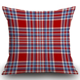 Smooffly Cushion Covers Tartan Plaid Pattern Checkered Fabric Texture Moderate Light Blue White and Bright Red Soft Linen Pillow Case for Bedroom/Livingroom/Sofa Throw Pillow Case Cover 18x18 Inch