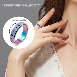 MHWTTY Anxiety Ring for Women, Fidget Spinner Ring Stainless Steel Thumb Ring Fidget Toy Adult Moon Star Spinners Rainbow Size 7